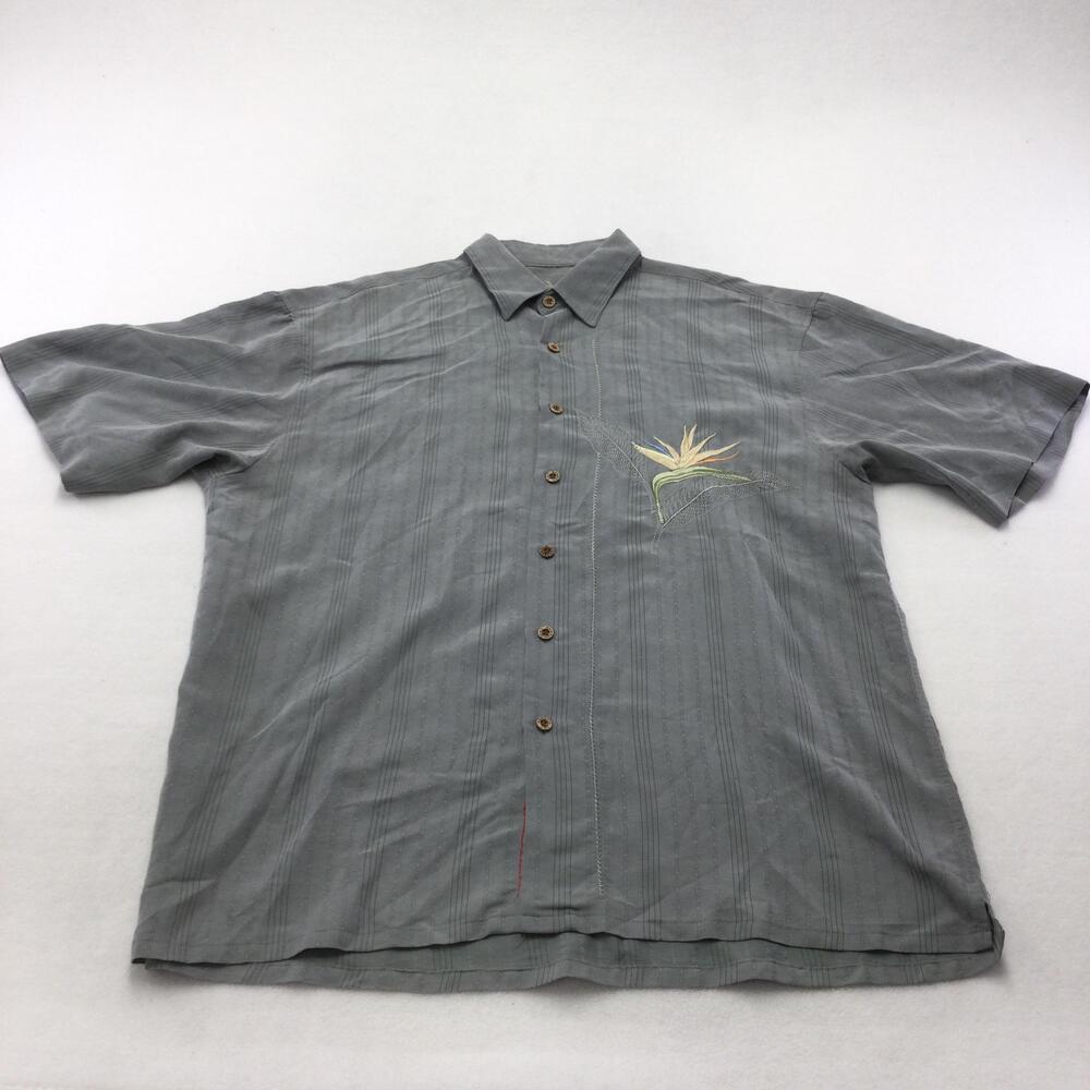 Bamboo Cay Shirt Mens Large Gray Hawaiian Aloha Short Sleeve Floral Embroidered
